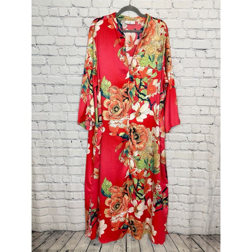 Natori Enchanted Lotus Satin Zip Caftan Women Plus 2X Boho Resort Art To Wear - Picture 3 of 16